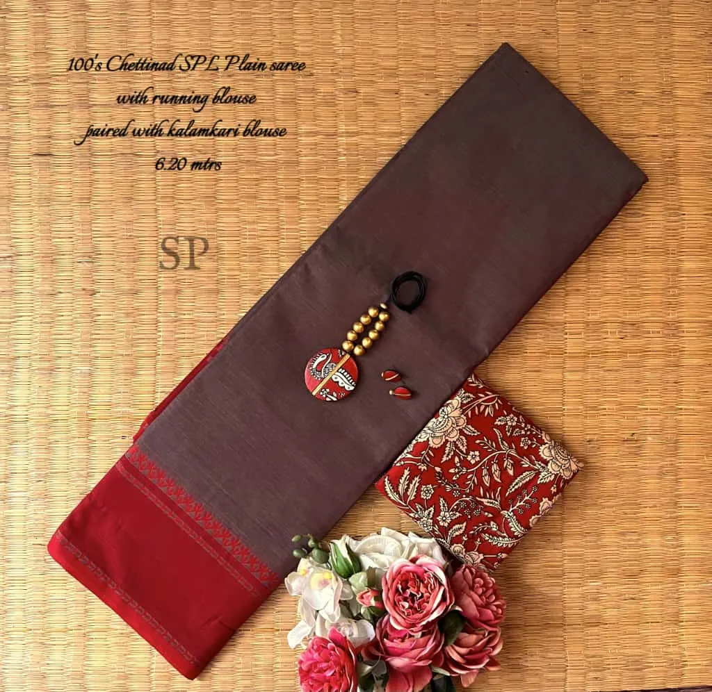 Premium Chettinad Cotton Saree with Ikkat & Kalamkari Blouse Pairing